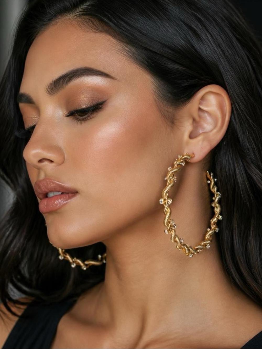 INC International Concepts Gold Twisted Hoop Earrings with Crystal Accents